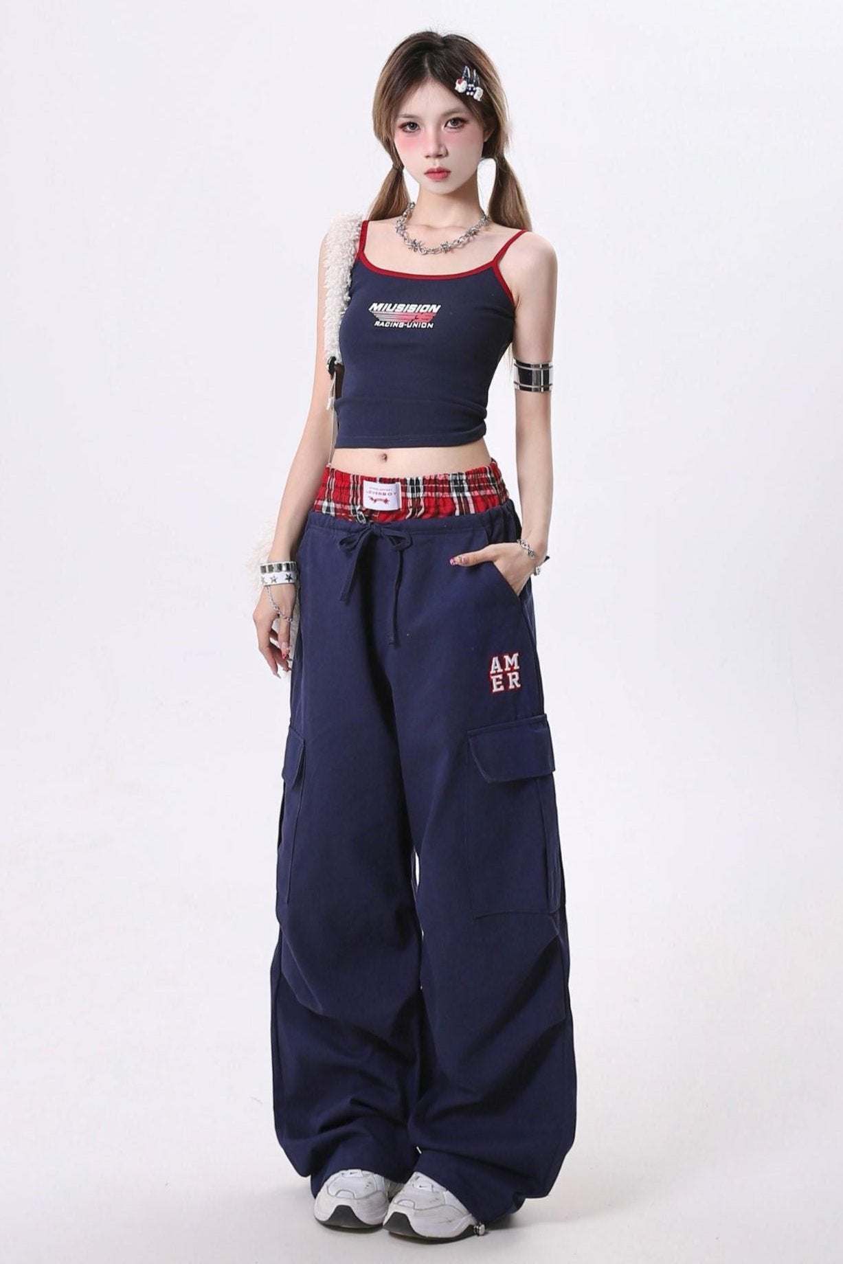 Plaid Stitch Double Waist Cargo Pants