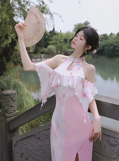 Four catties of homemade Classic Tao Ke original innovative Chinese modified pink simple daily cheongsam print dress
