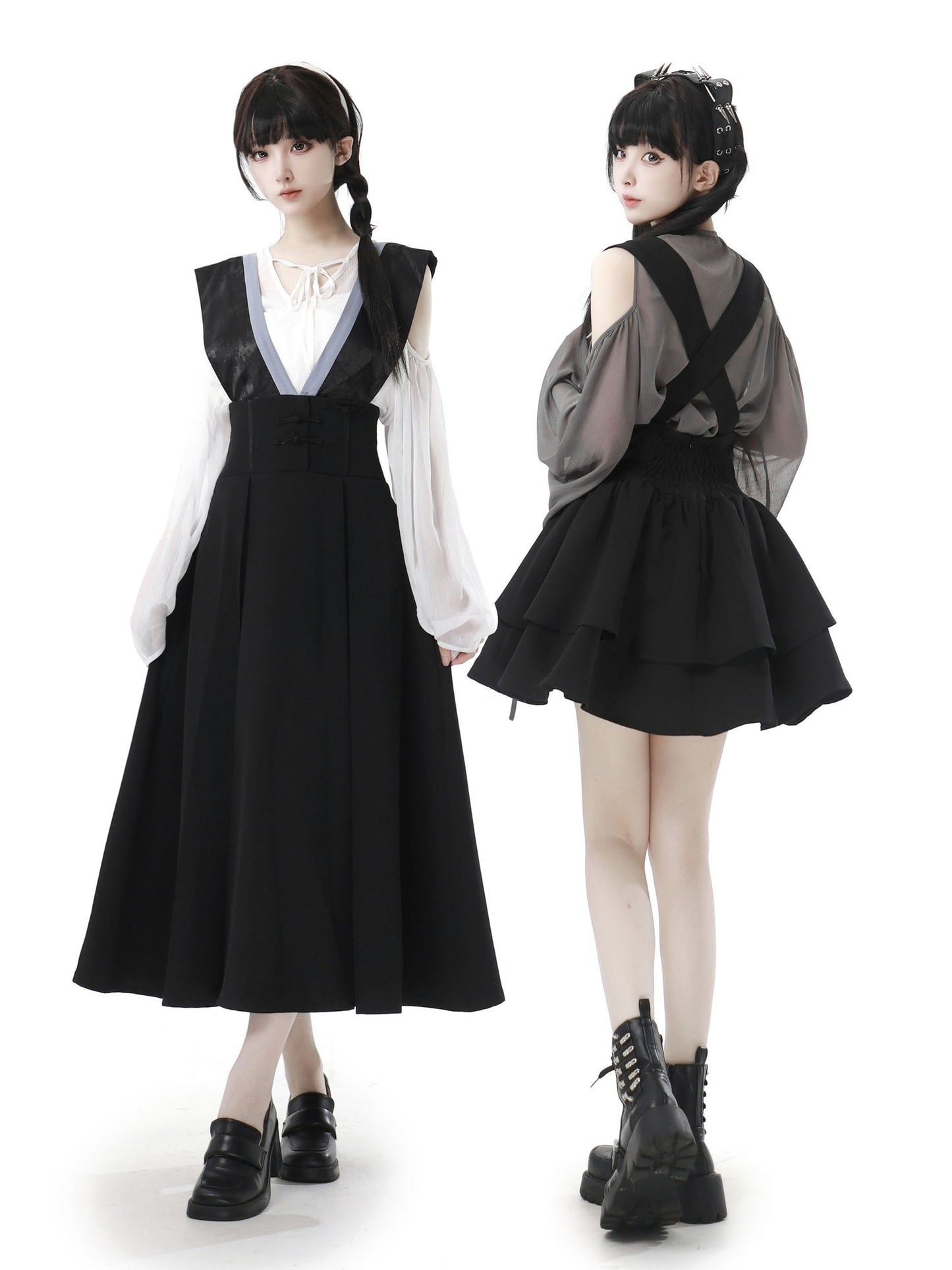 China Off-Shoulder Top + Long Suspender Skirt + Short Skirt