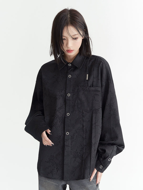 Pleated dark pattern loose solid collar shirt