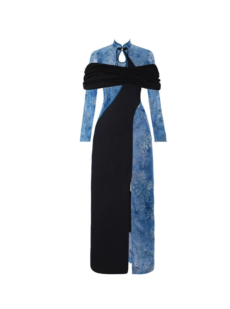 Four pounds homemade modern rain branch Original vintage new Chinese velvet knit cheongsam long autumn dress