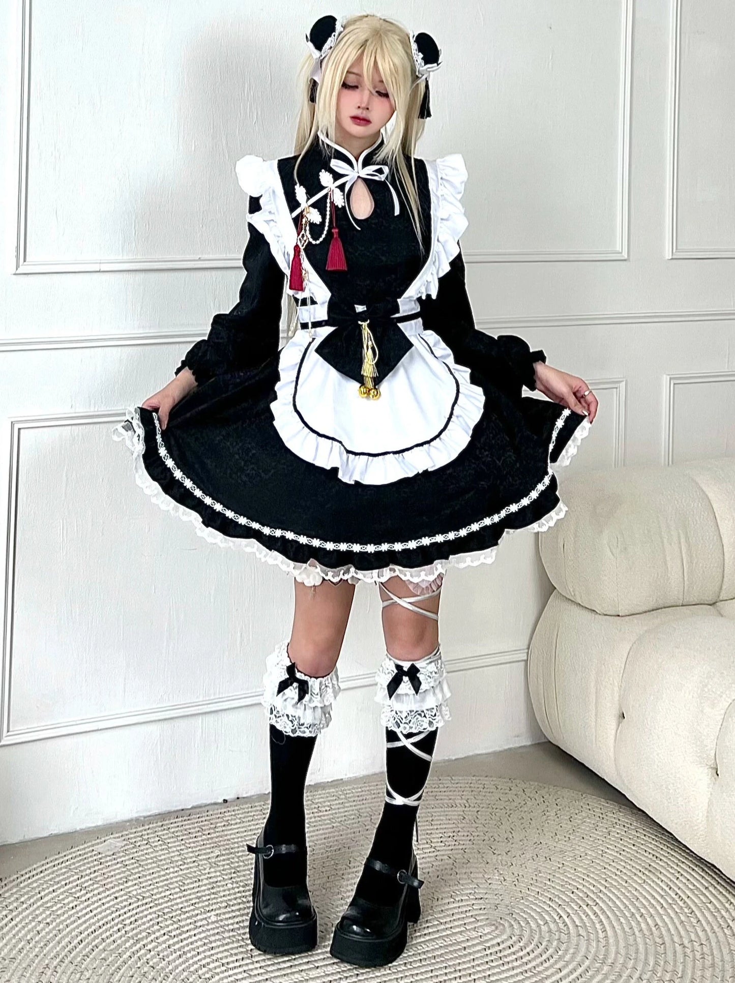 Next-generation/original innovative Chinese style Chinese style black and white maid buckle bow cosplay dress