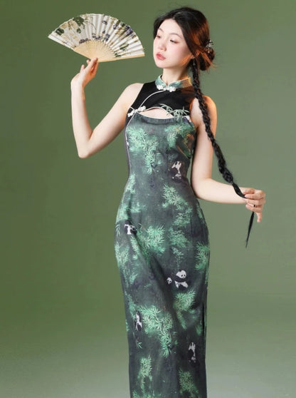 四斤装自制熊猫竹节原创新中式气质显瘦刺绣夏日小旗袍长裙