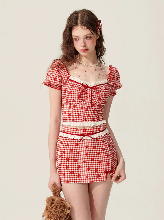 [Reservations] Cheese Red Check Puff Sleeve Top + Tight Slit Skirt