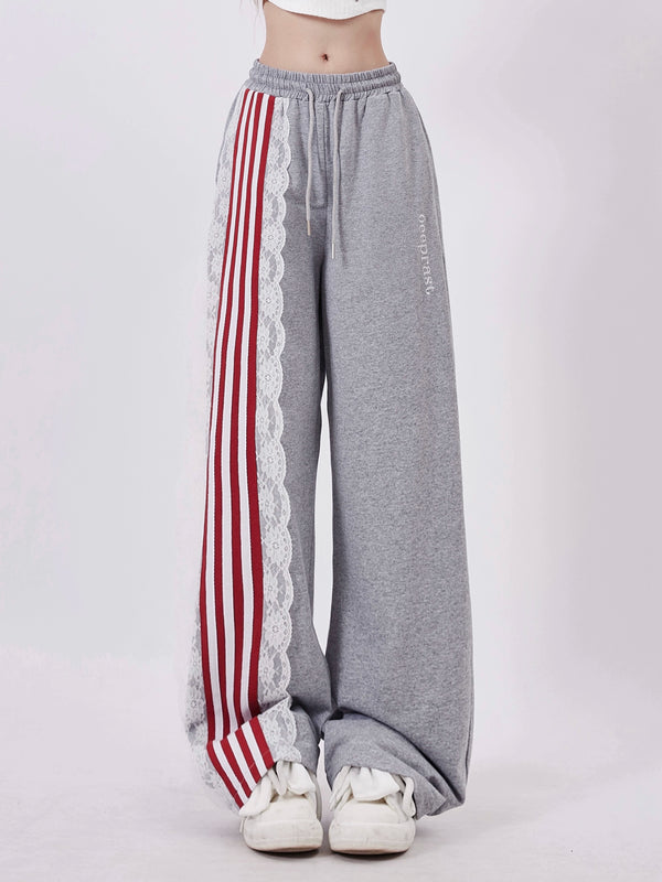 アシメカジュアルレースストライプスウェットパンツ