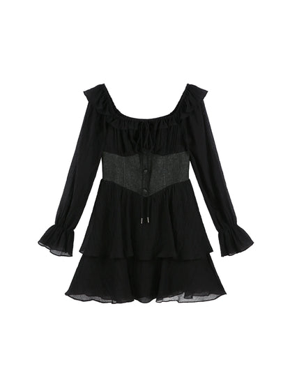 Ruffle Mesh Square Collar Black Dress