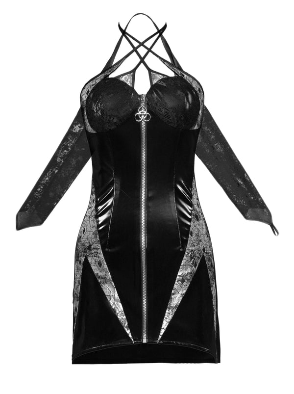 Punk Halter Neck PU Slim Suspender Zip Dress Suit