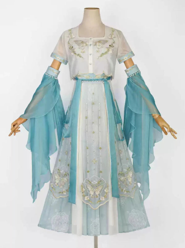 Blue Folding Sea China Embroidery Fairy Suit