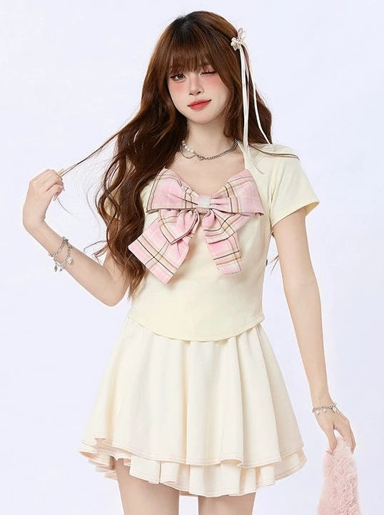 ビックチェックリボンショートトップス