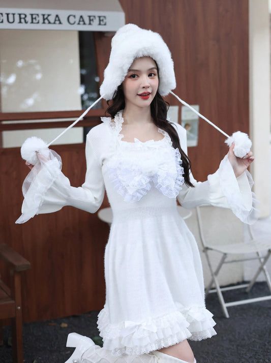 Lolita princess bow plush ball embroidered lace cake-side slim knitted halterneck bandeau dress
