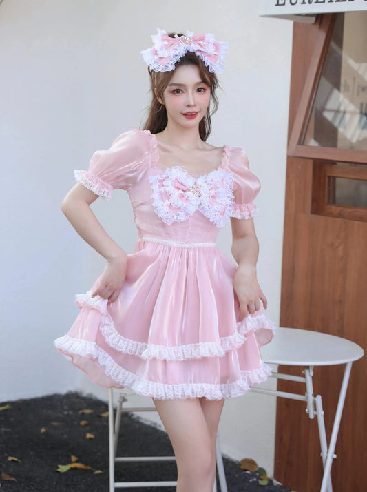 Lolita princess bow heart diamond cake pearl lace lace puff sleeve slim organza dress