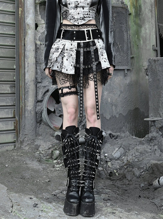 Blood supply original ◆ liquid invasion punk PU fishnet pleated goth tattered miniskirt culottes