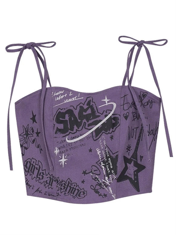 SagiDalls Teenage Fighting Spirit # Music Festival Witch # Purple Sling Graffiti Printed Sling Tank Top Sweet and Spicy