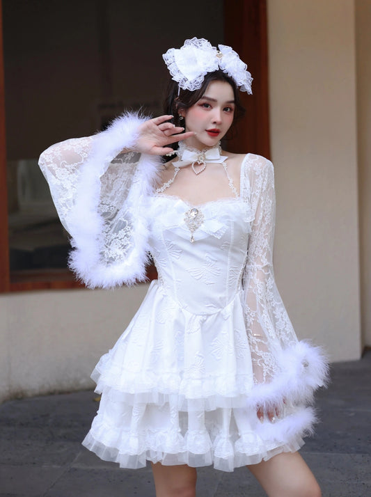Lolita flower wedding princess bow diamond plush ostrich feather bell sleeve cake lace halterneck dress