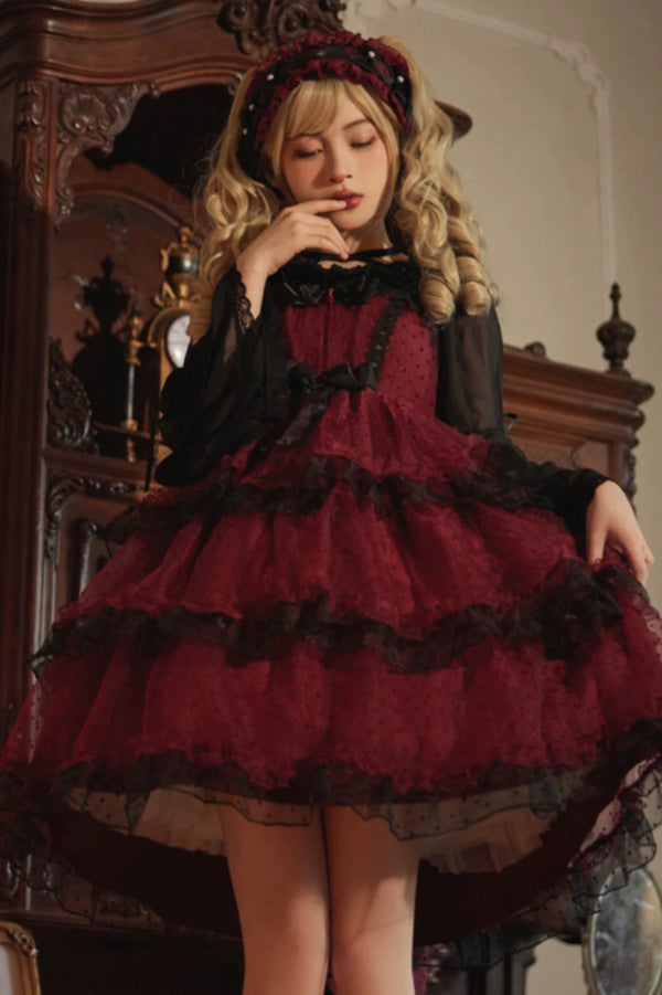 Dark red tiered suspender dress