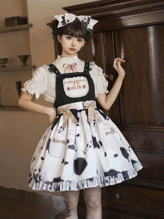 Full spot sweet milk candy lolita skirt original design cow Lolita dress high waist strap skirt