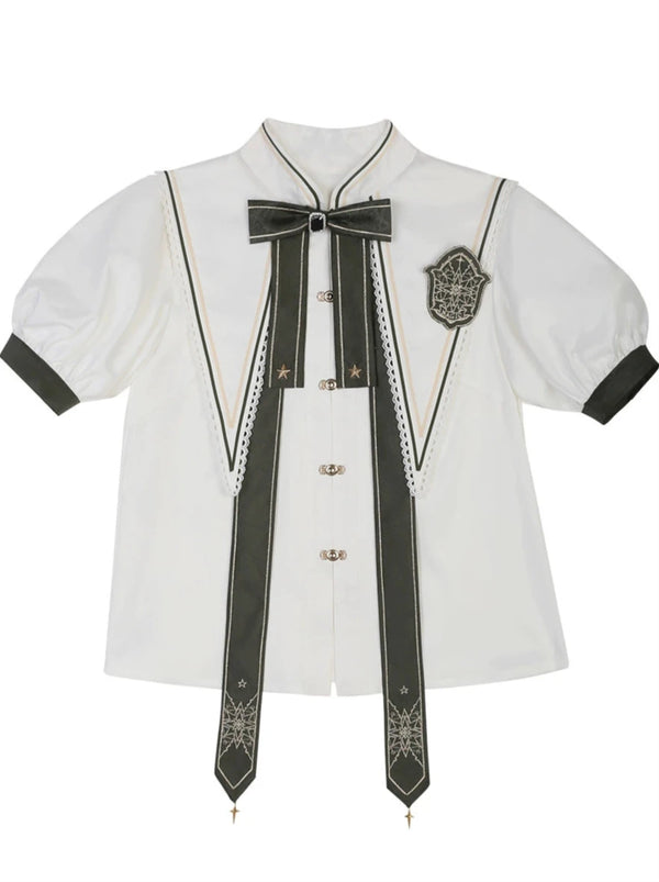 マジックタイムアンドスペースチャイナポインテッドカラーリボンシャツ＋ロングスカート