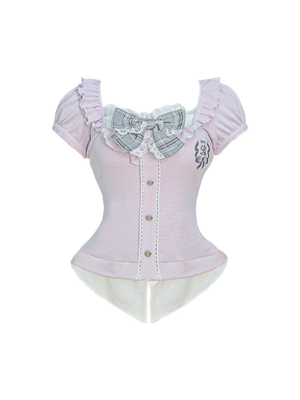 Purple Top And Grey Check Skirt Set