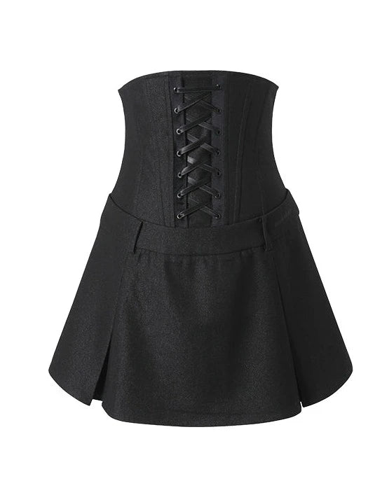 French shirt puff sleeve shirt + lace up high waisted skirt