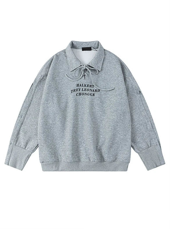 Strap Design Polo Collar Loose Sweatshirt