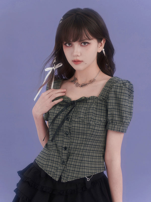 Check Square Neck Chic Girly Tops