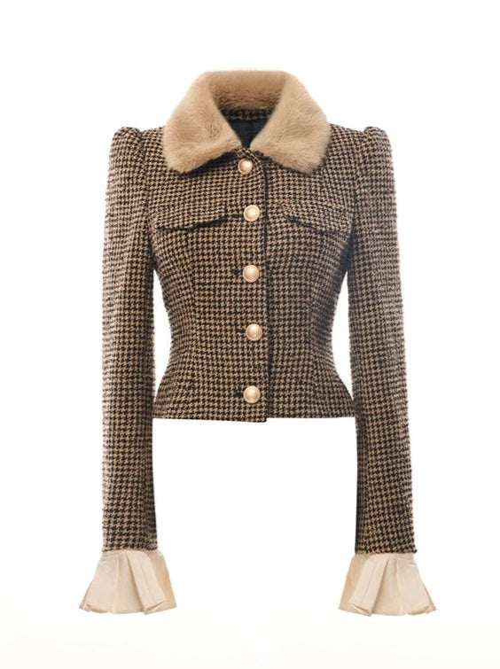 French retro fur collar jacket + pleated pants skirt + logo belt