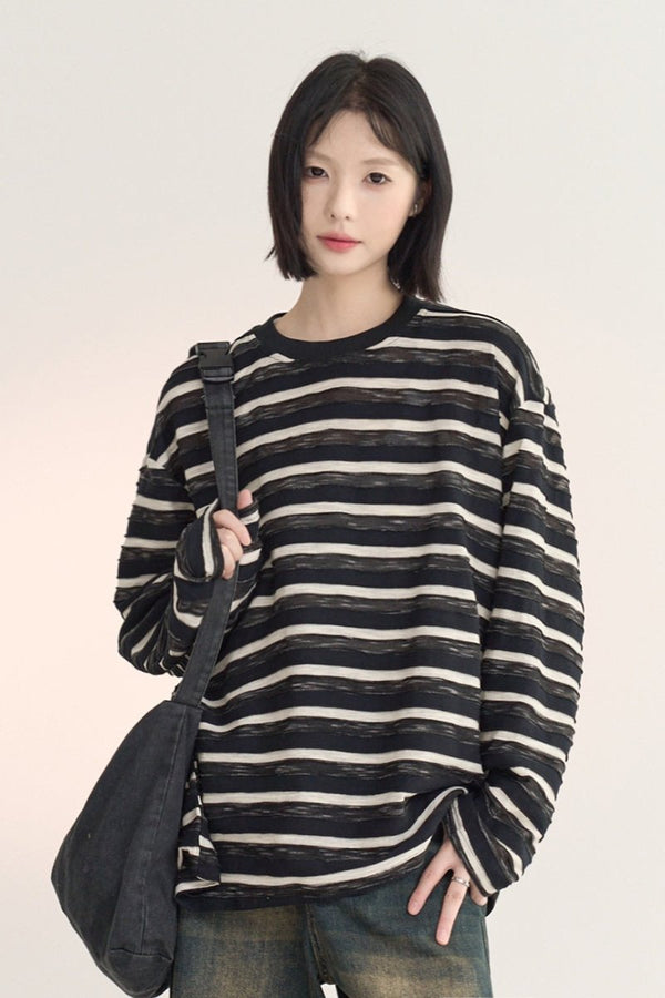 Striped Loose Crew Neck Long Sleeve Tops