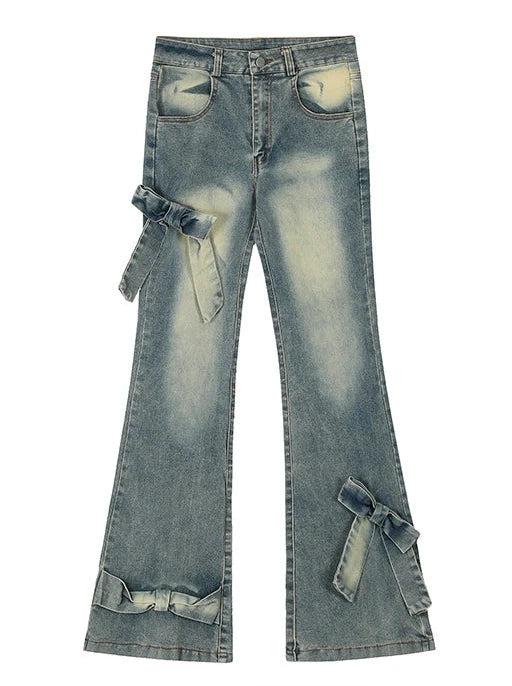 Ribbon design slim flare denim