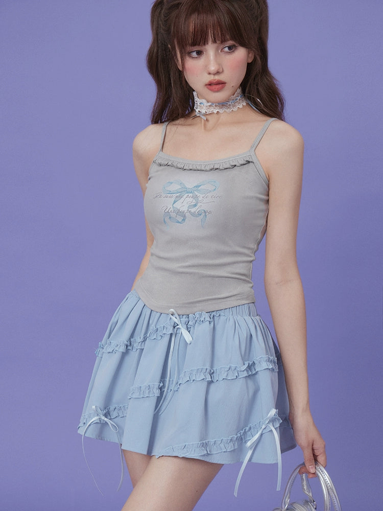 Blue Romantic Pure Double Waist Ribbon Skirt