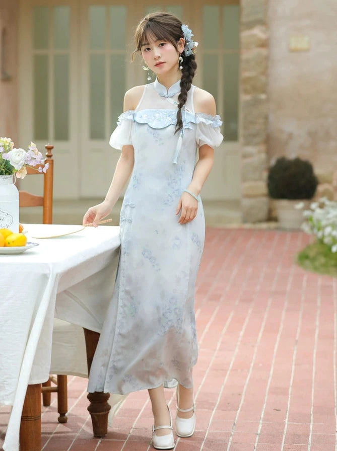 off shoulder dress in chinese Key Hole Neck Off Shoulder Cheongsam Floral Chinese Dress Stretchy Evening Gown Green / L