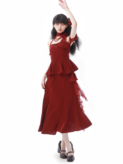 Summer Island Red Black Black Halter Neck Pearl Flower Mermaid Dress