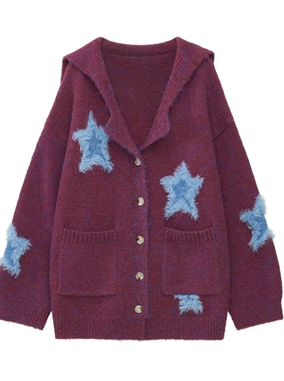 Dark Color Fur Star Design Loose Knit Cardigan