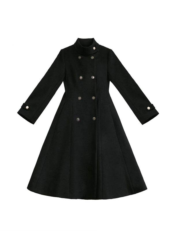 Elegant Retro Stand Collar Double Breasted Wool Coat + Ribbon