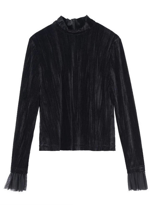 レトロベルベットダークメッシュスプライシングタートルネックシャツ