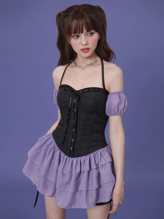 SagiDolls Girl Fighting Spirit Concert God Skill# Grape Milk Candy # Black Purple Cake Dress Three Piece Set for Summer
