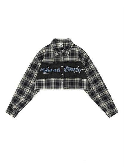 American Retro Check Splicing Short Shirt