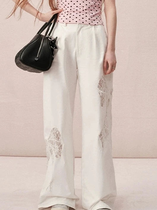 Wide Straight Pants with Side Lace Ribbon