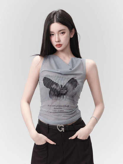 fragileheart fragile store Frequency of Acacia Butterfly print T-shirt sweet and spicy unique swing neck vest
