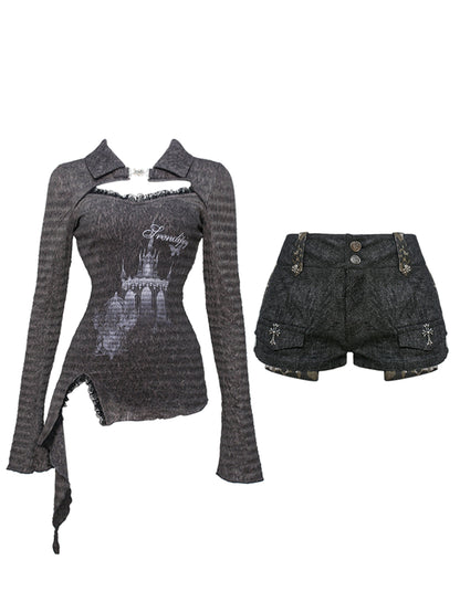 Black Leopard Print Cropped Shorts Slim Shirt Set