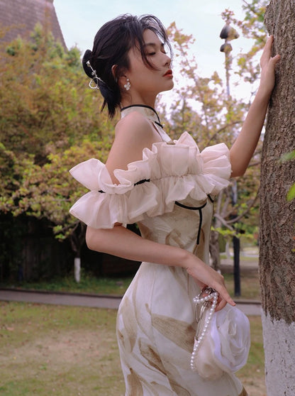 자체 제작 클래식 "Yunxiu"의 새로운 중국 오리지널 프린트의 달콤한 긴 수정 청삼 드레스 4캣츠