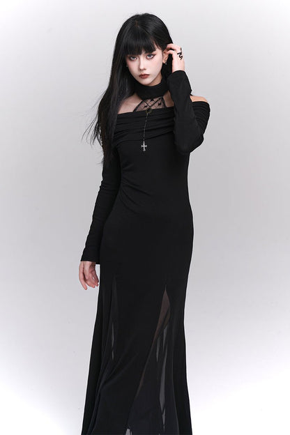 One-Shoulder Halter Neck Dark Dress