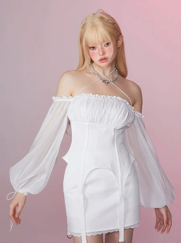 ホワイトフェアリーボリュームシアースリーブオフショルダートップス＋＋レーススカート