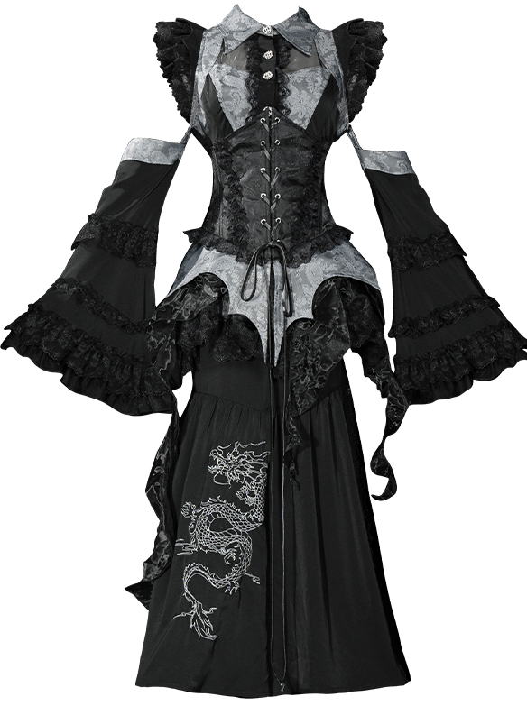 【予約商品】チャイナゴシックサブカルチャーフィッシュテールスカート+トップス+ウエストコルセット