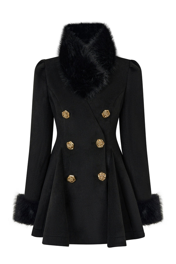 フレンチファーカラーブラックウエストウールコート