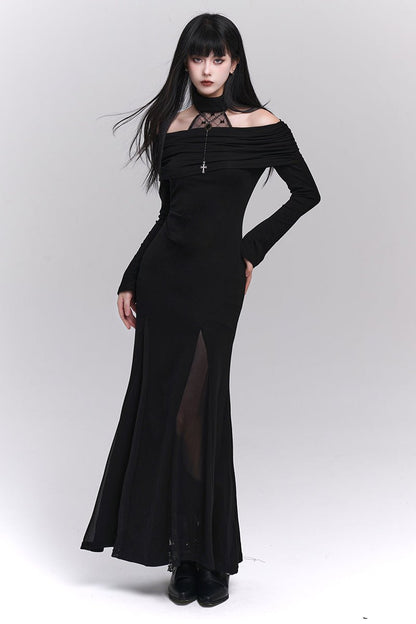 One-Shoulder Halter Neck Dark Dress