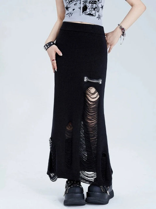 11SH97 Black Ripped Knitted Skirt Women's Summer New Hot Girl High Waist Slim Mermaid Midi Skirt