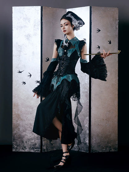 Chinese Gothic Subculture Fishtail Skirt + Top + Waist Corset