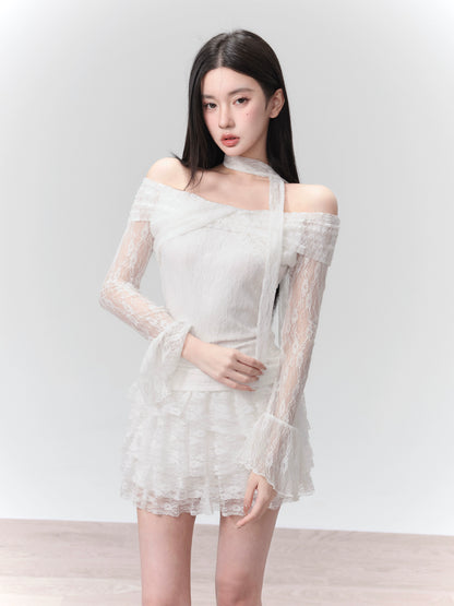 Fragileheart Fragile Shop Moonlight Lovers White Lace Knit One-Shoulder Top Set