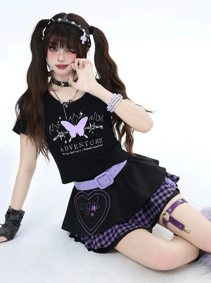 Butterfly Dream Back Ribbon Slim Short T-Shirt