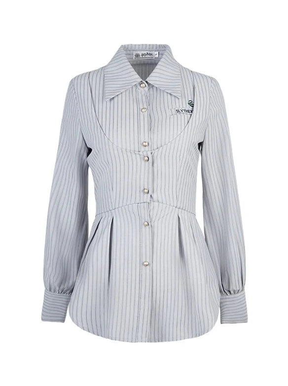 Polo collar faux two-piece striped shirt [Reserved product].